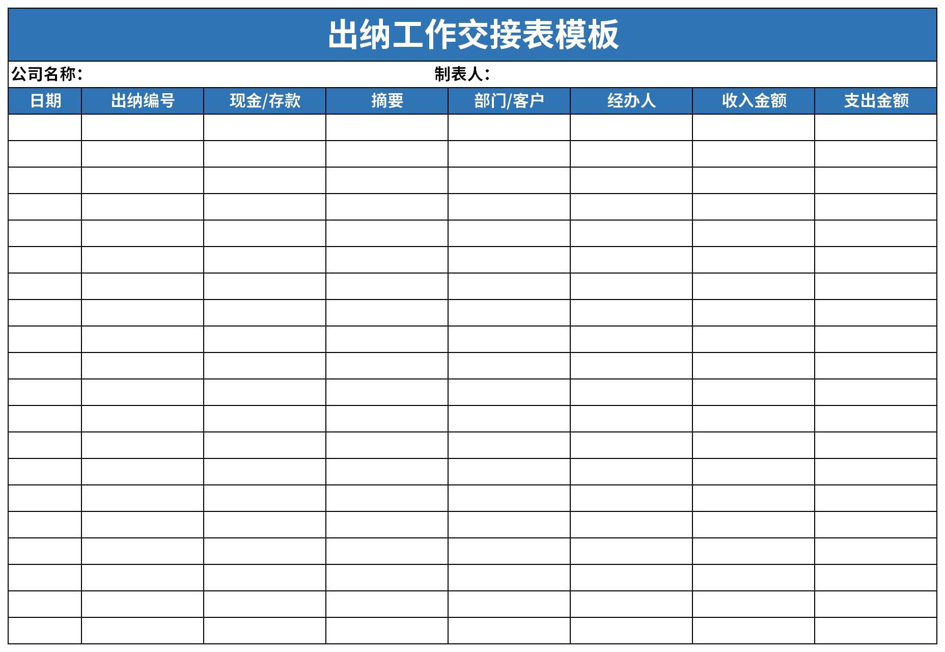 出納工作交接表模板截圖