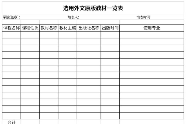 选用外文原版教材一览表