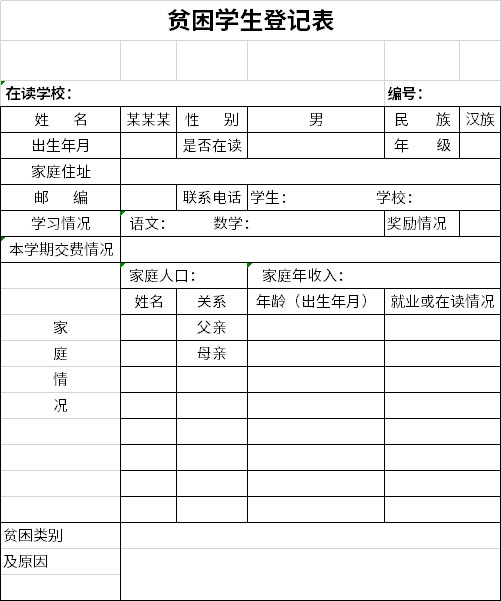 貧困學(xué)生登記表截圖