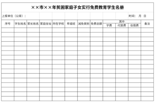 贫困家庭子女实行免费教育学生名册