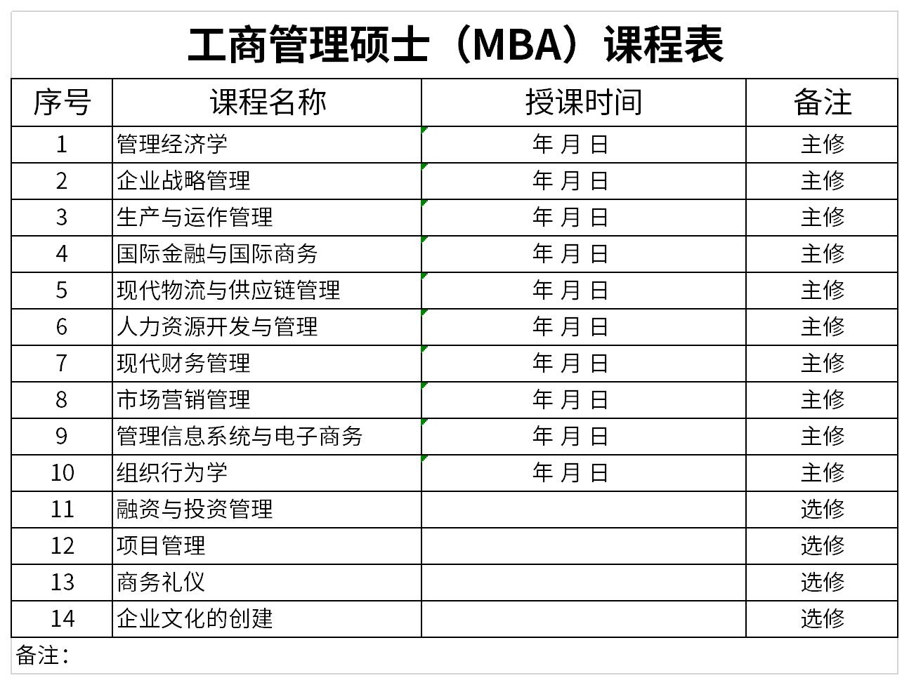 工商管理硕士（MBA）课程表截图