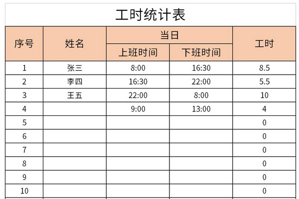 工地计时工表格图片