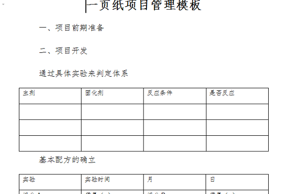 一页纸项目管理模板