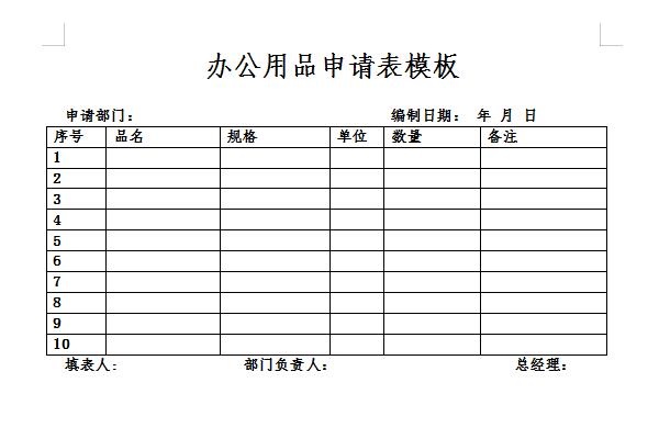 办公用品申请表模板