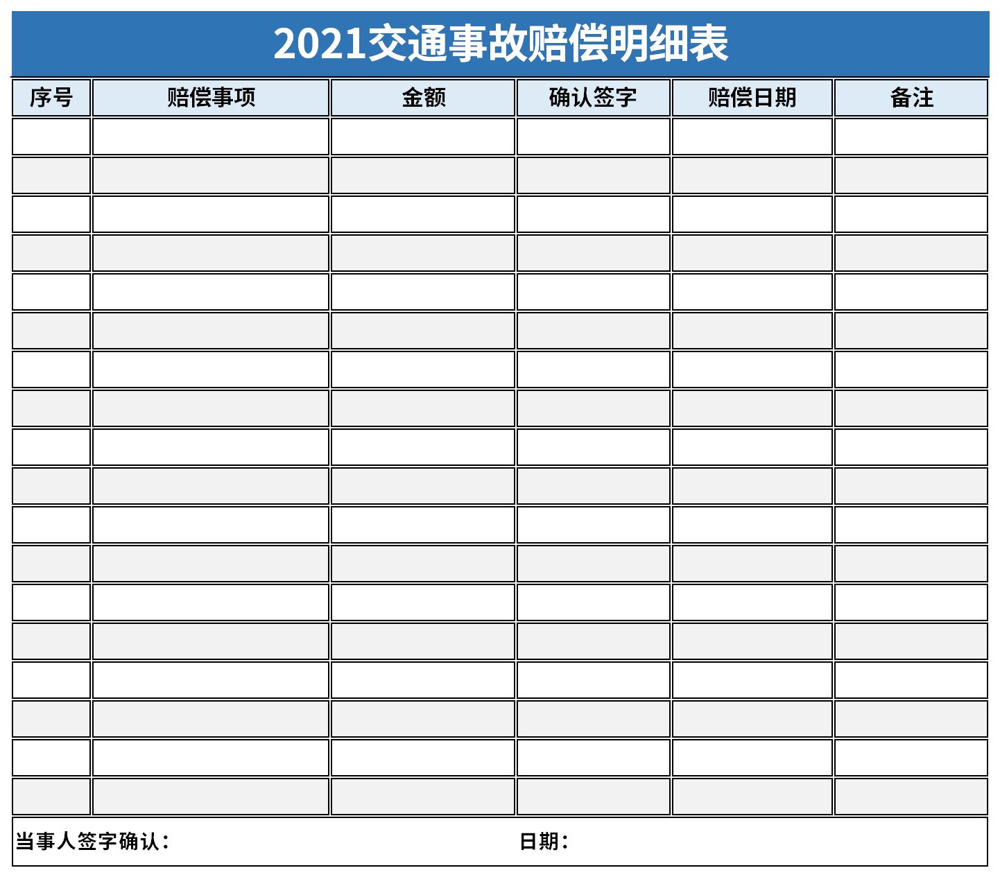 2021交通事故赔偿明细表免费版