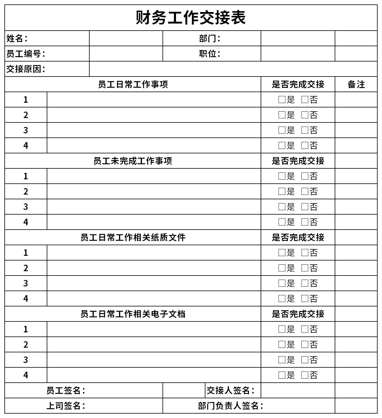 财务工作交接表是财务人员因工作调动等原因在交接工作时使用的表格