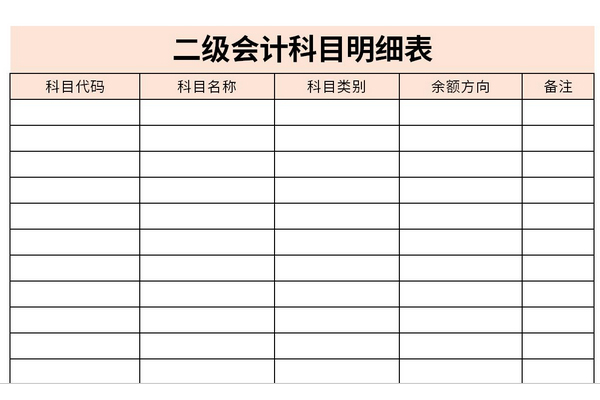 二级会计科目明细表