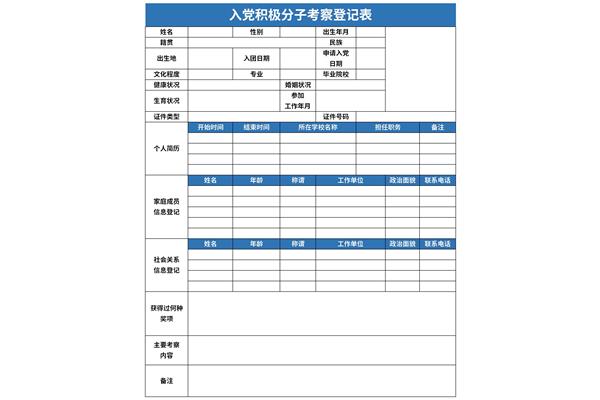 入党积极分子培养教育考察登记表