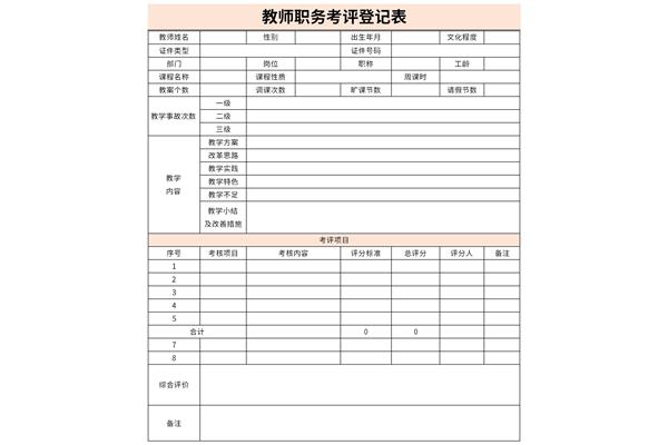 中小学教师职务考评登记表