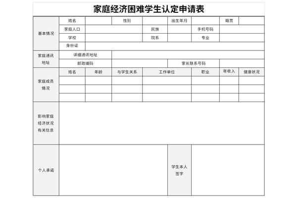 家庭经济困难学生认定申请表