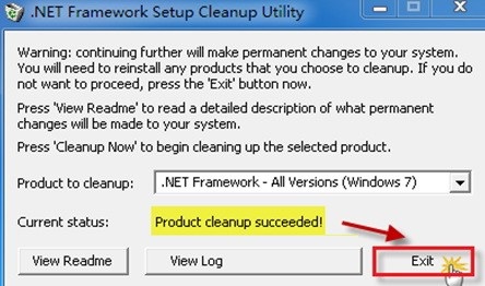 出现Product cleanup succeeded！”信息后，就表示.net framework清理完成了