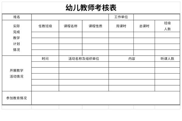 幼儿园教师绩效考核表